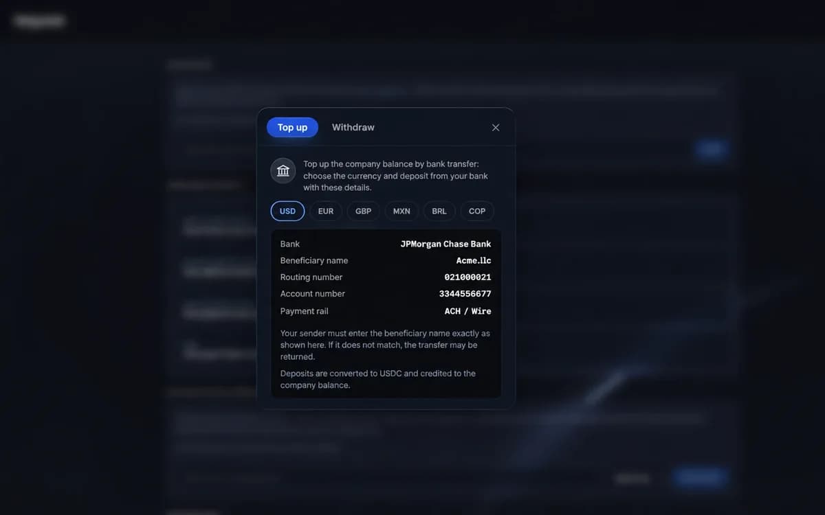 Panel de empresa D-OneCash: recarga por transferencia