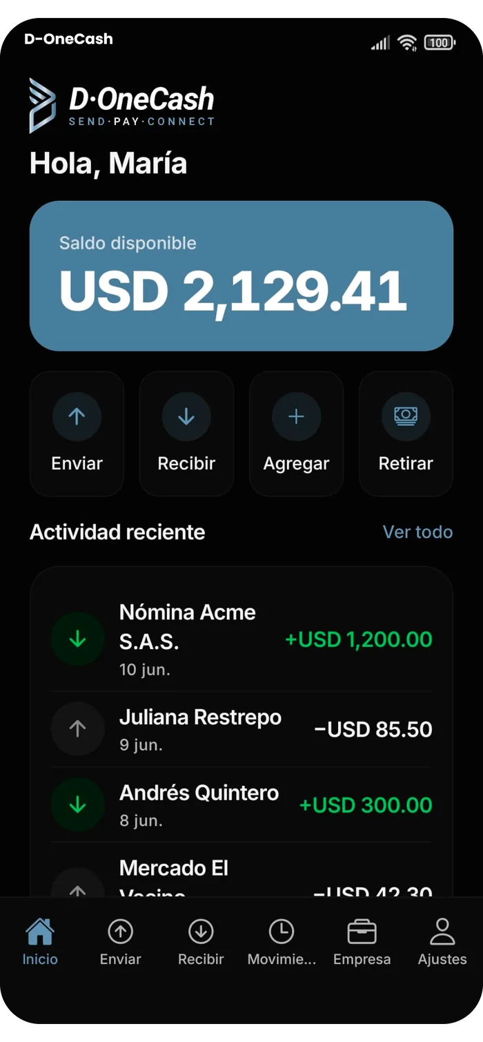 App D1C — pantalla de inicio con saldo y movimientos recientes